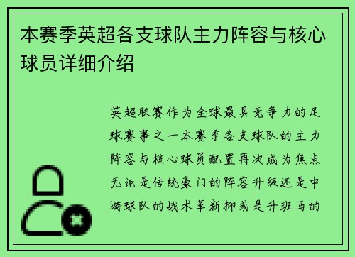 本赛季英超各支球队主力阵容与核心球员详细介绍